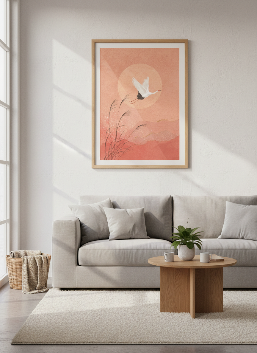 Japanese Crane Wall Art Print | Boho Living Room Decor | Pink Aesthetic Poster