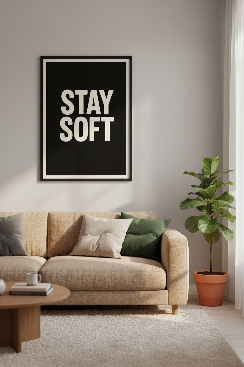 Minimalist Stay Soft Wall Art Print | Modern Aesthetic Quote Poster | Black &amp; Cream Typography Home Decor | Motivational Wall Hanging