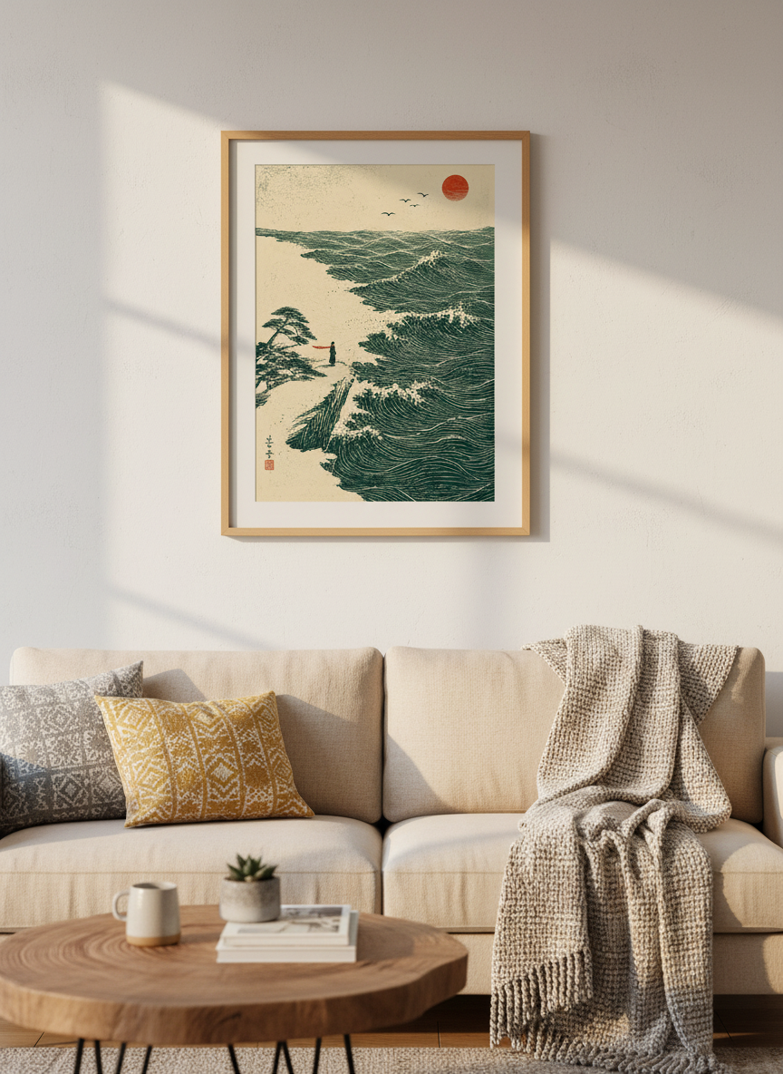 Zen Ocean Art Print | Japanese Landscape Wall Decor | Cottagecore Vintage Art