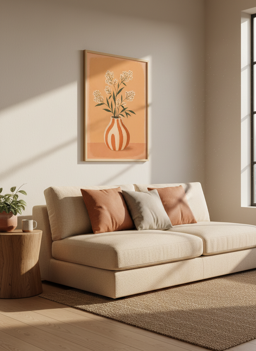 Abstract Floral Framed Wall Art with Striped Vase | Boho Living Room Decor | Warm Aesthetic Framed Poster Print