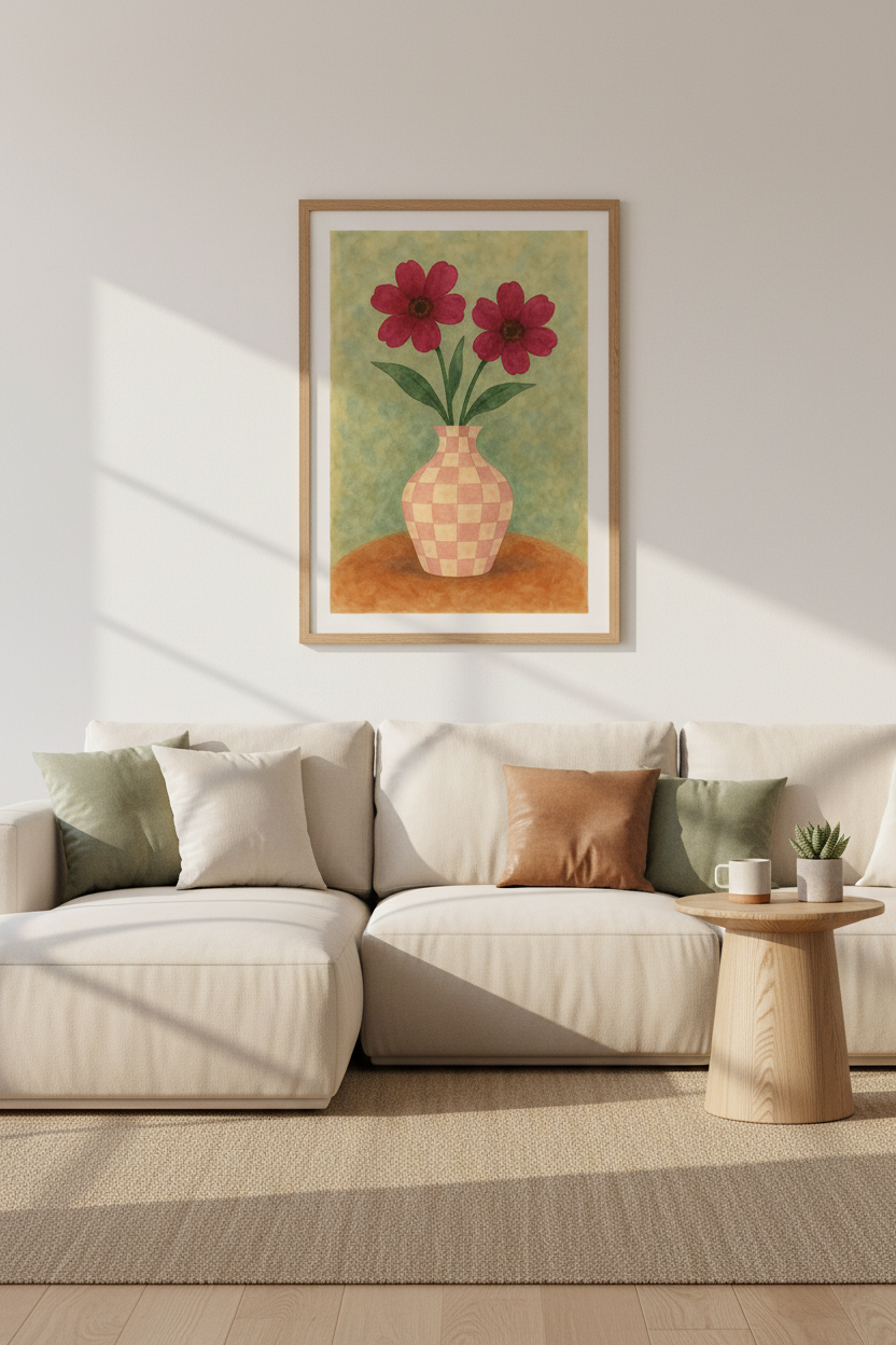Red Flowers in Checkered Vase Art Print | Botanical Home Decor Poster | Abstract Floral Wall Art | Bohemian Wall Hanging