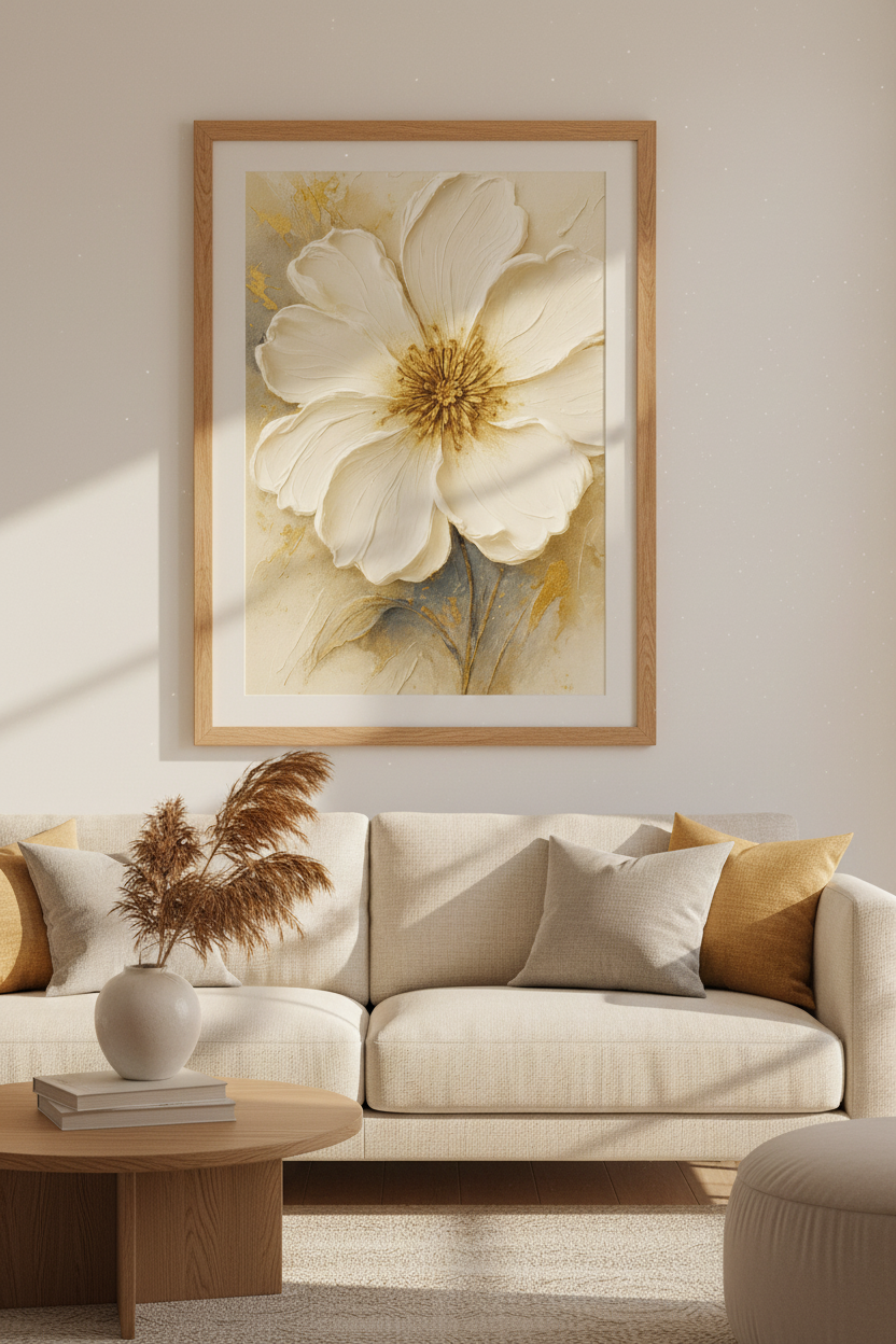 Textured Floral Wall Art Print | White Flower Gold Leaf Modern Decor | Cream Botanical Canvas Painting Large Poster