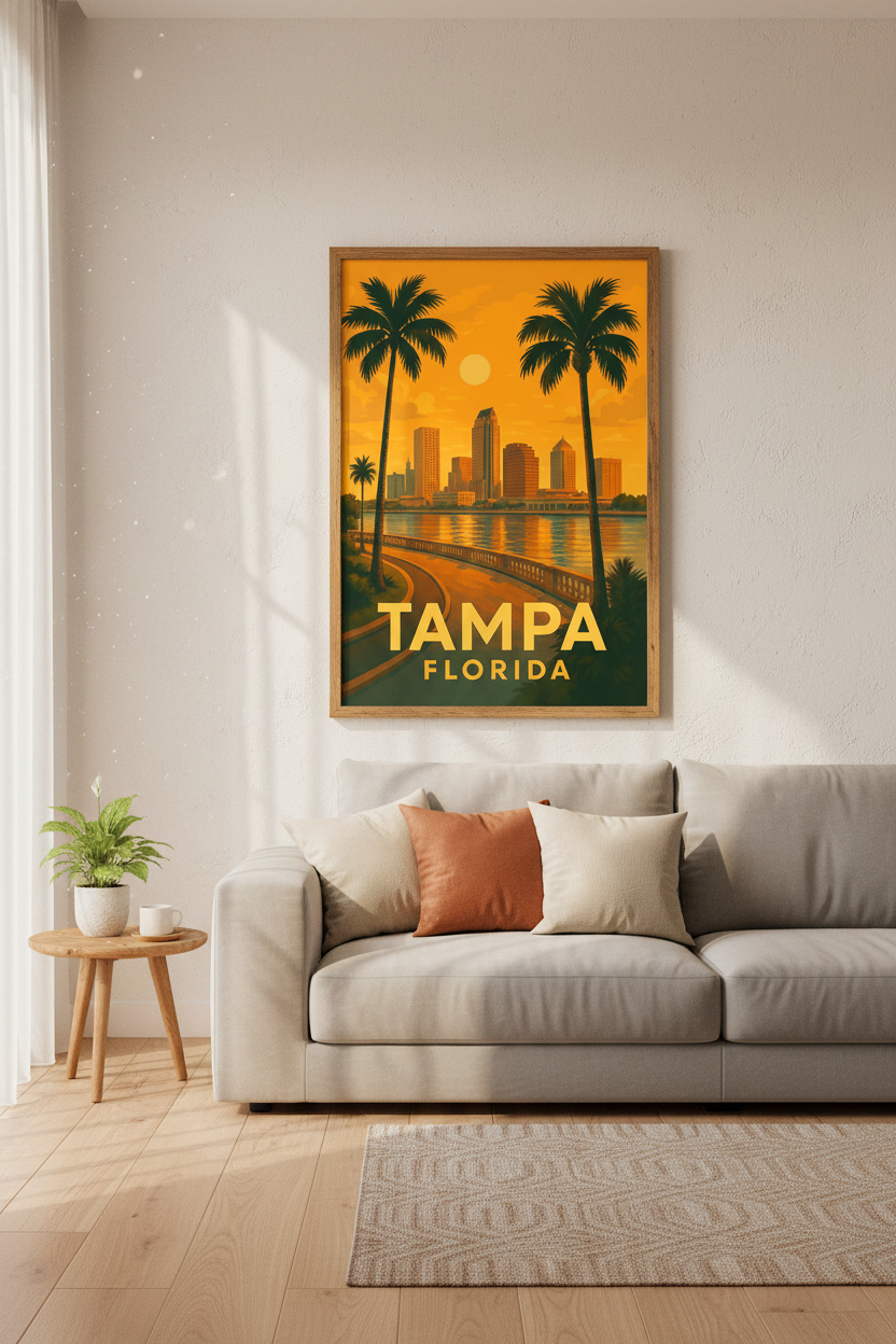 Retro Tampa Florida Travel Poster | Mid-Century Modern Cityscape Wall Art Print | Sunshine Coast Decor | Vintage Aesthetic