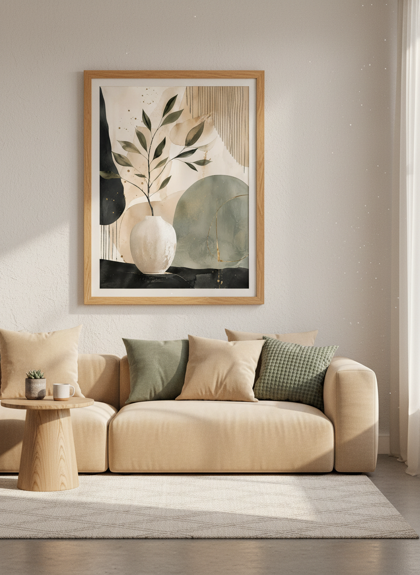Abstract Botanical Art Print | Neutral Sage Green Gold Wall Decor | Modern Farmhouse