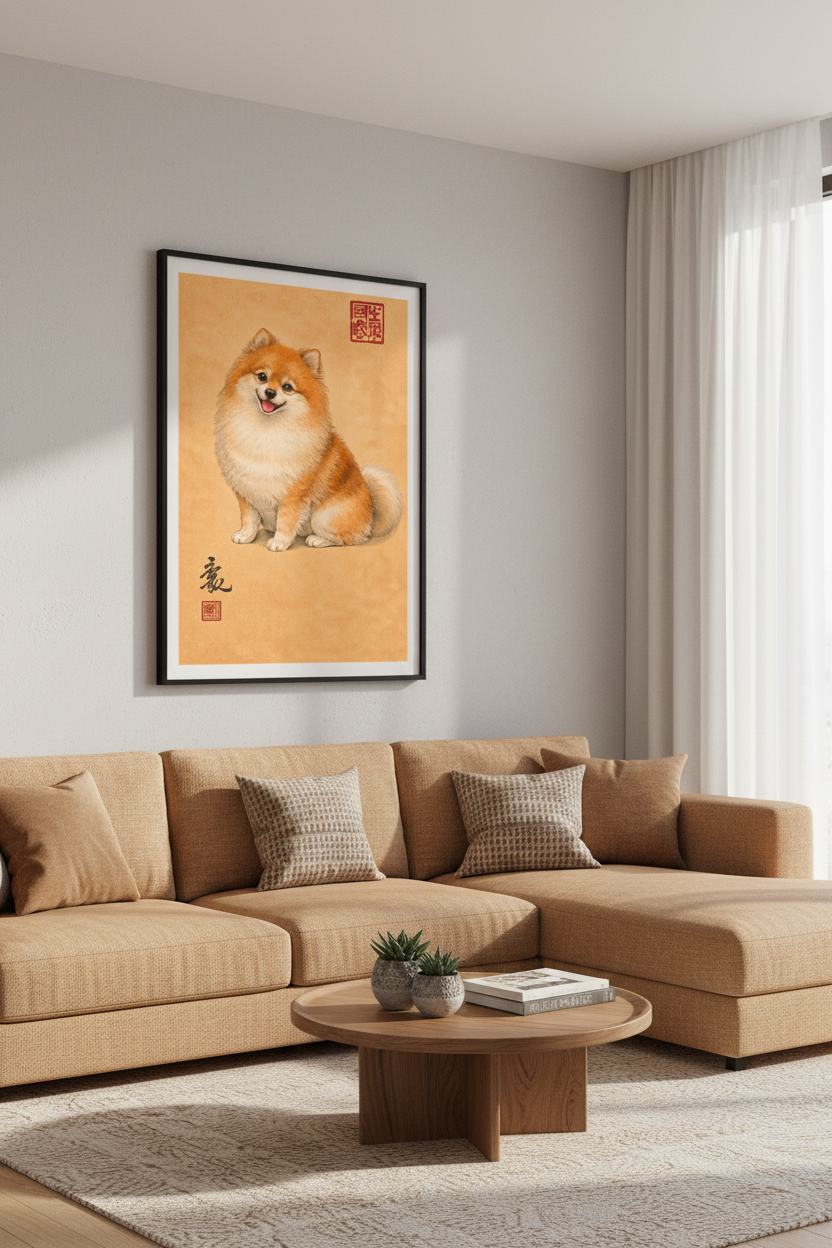 Chubby Pomeranian Wall Art | Adorable Fox Dog Print | Japanese Ink Wash Art Style Home Decor | Cute Fluffy Dog Poster