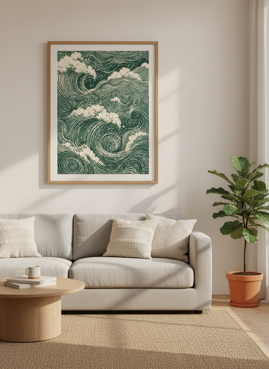 Japanese Wave Art Print | Green Ocean Waves Wall Decor | Coastal Aesthetic Poster