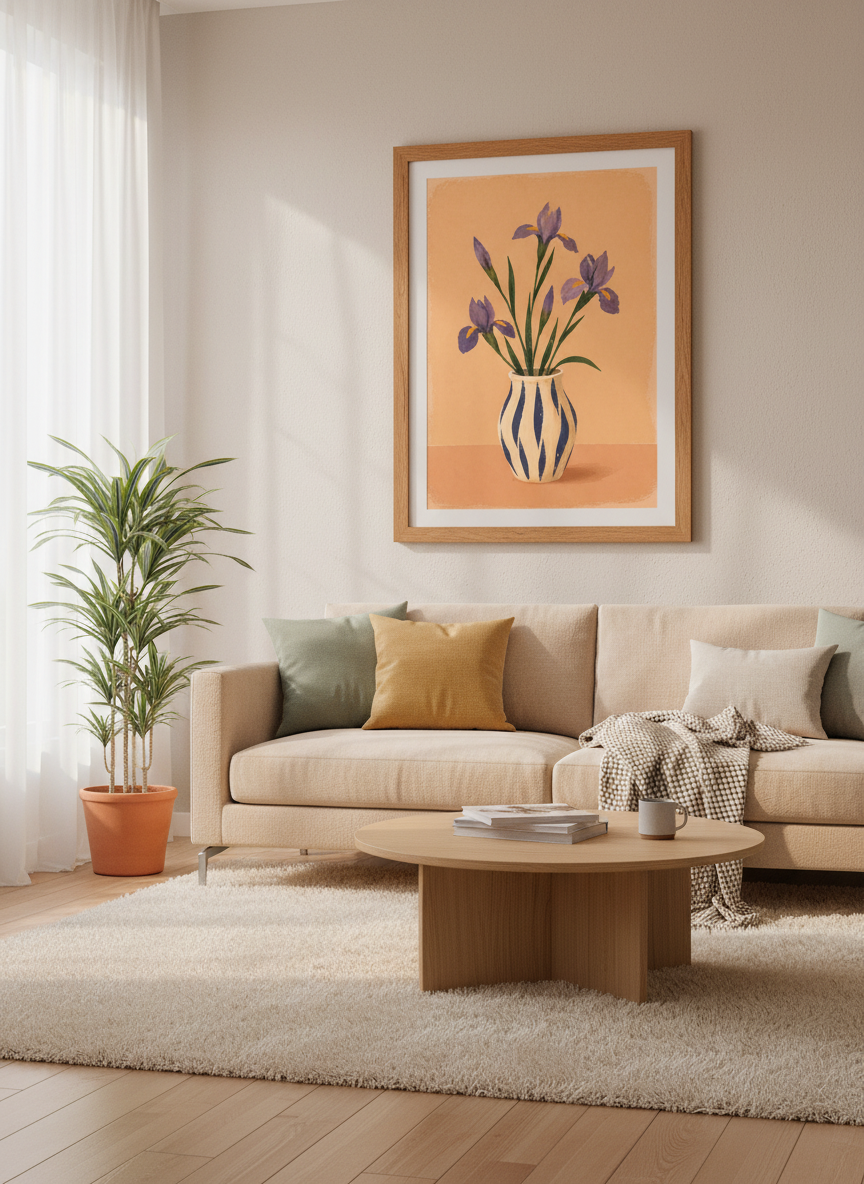Abstract Floral Framed Wall Art | Purple Iris Vase Print | Living Room Decor | Cottagecore Aesthetic Poster