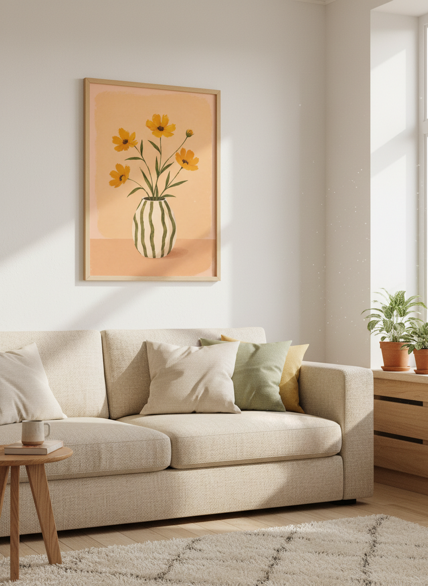 Minimalist Floral Wall Art Print | Boho Bedroom Decor | Framed Botanical Poster | Yellow Orange Aesthetic Ready to Hang