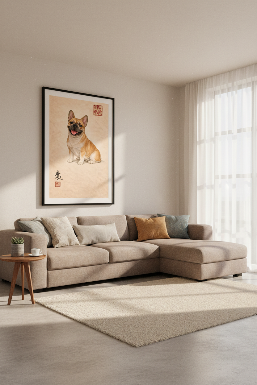 Happy French Bulldog Art Print - Smiling Fawn Frenchie Poster Wall Decor with Japanese Calligraphy - Dog Lover Gift Wall Hanging