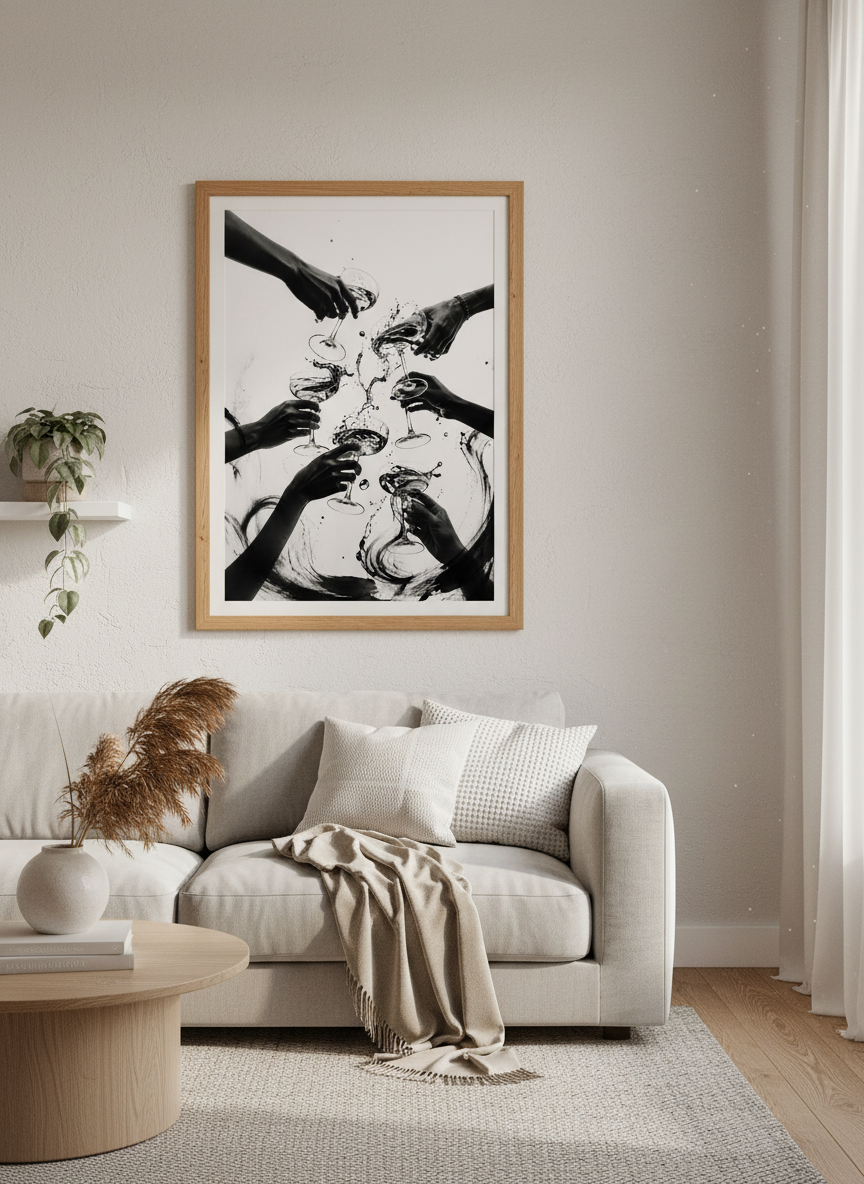 Celebration Toast Wall Art | Black &amp; White Print, Bar Cart Decor, Modern Kitchen Art