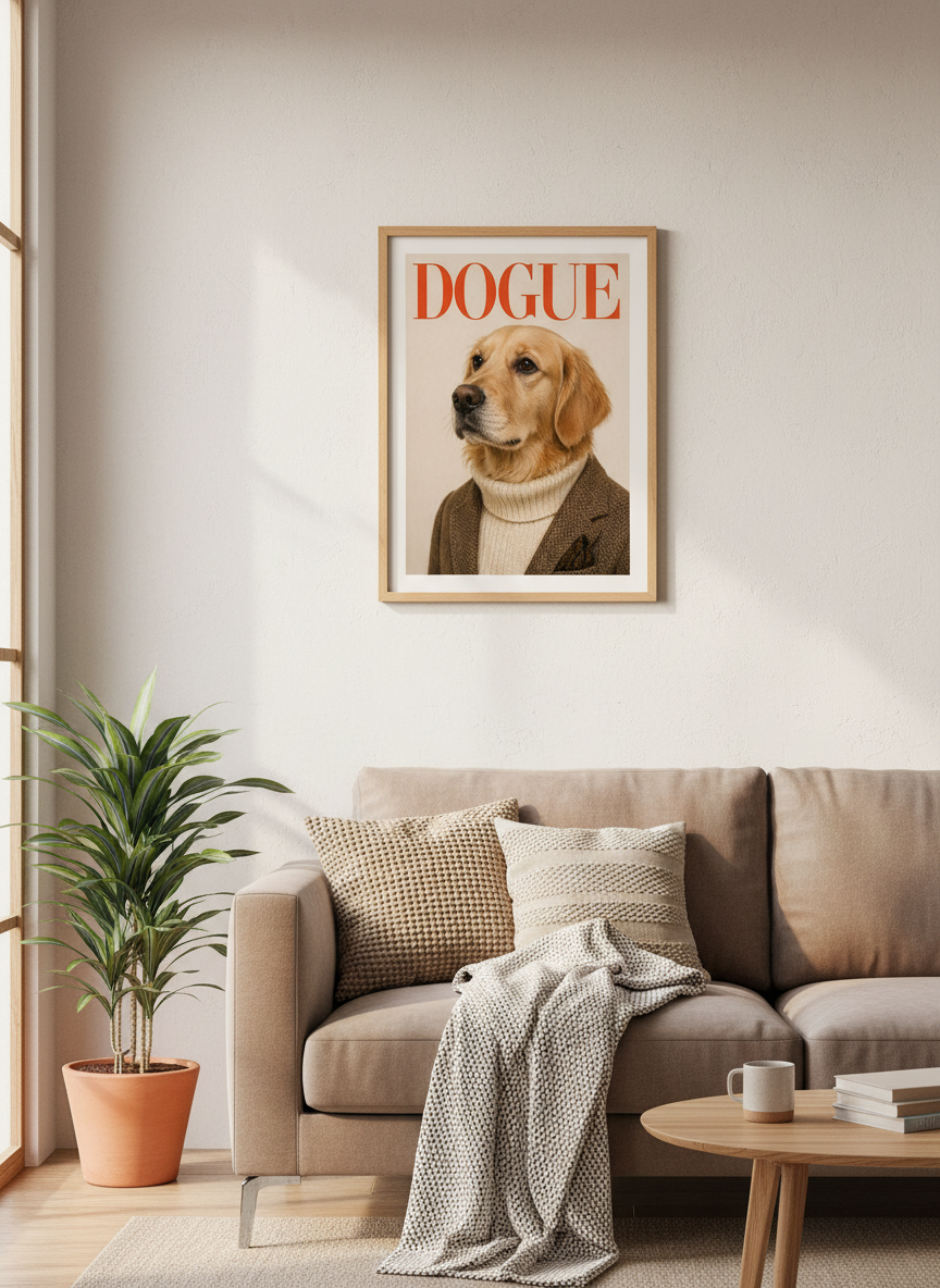 Funny Dog Portrait Framed Art Print | Elegant Golden Retriever Wall Decor | Dogue Magazine Aesthetic Poster