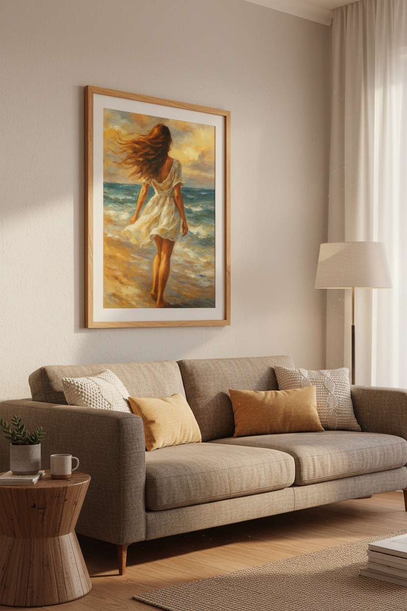 Impressionist Woman Beach Art Print | Coastal Wall Decor | Bohemian Ocean Poster | Golden Hour Beach Painting | Relaxing Home Art