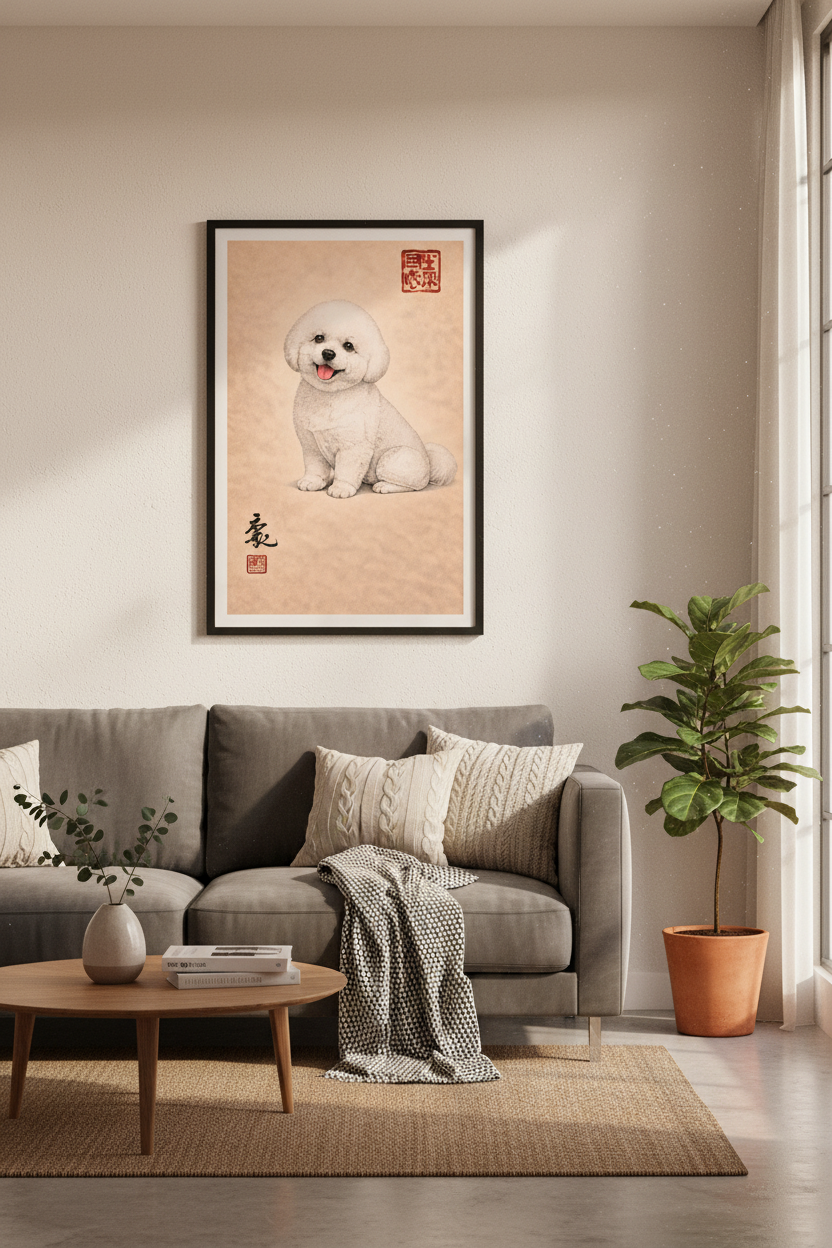 Bichon Frise Art Print | Japanese Style Dog Poster | Cute Puppy Wall Art | Pet Lover Home Decor | Eastern Ink Painting Print
