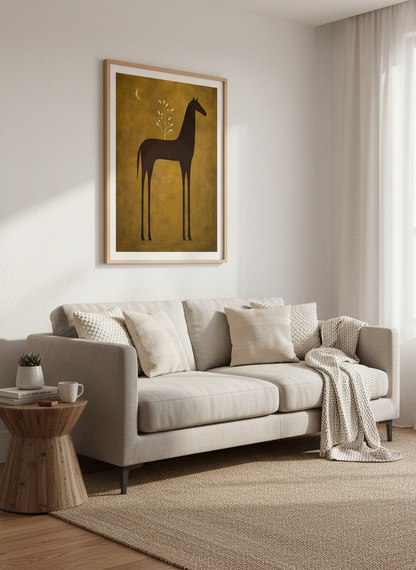 Mystical Horse Wall Art | Abstract Animal Print, Gold Home Decor | Boho Nursery Poster