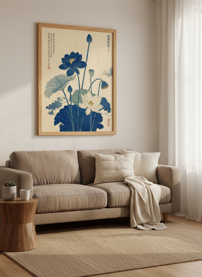 Zen Blue Lotus Flower Art Print | Japanese Aesthetic Wall Decor | Botanical Poster