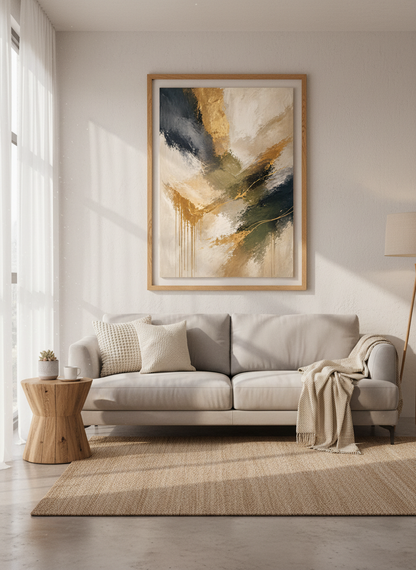 Abstract Gold &amp; Blue-Green Swirls Framed Wall Art Print | Modern Glam Living Room Decor | Luxury Aesthetic Poster Art