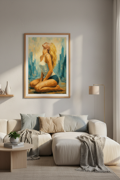 Abstract Expressionist Woman Wall Art Print | Boho Living Room Decor | Modern Figurative Poster | Teal &amp; Gold Canvas Art | Gift