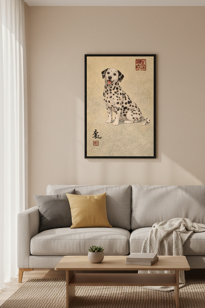 Charming Dalmatian Dog Art Print | Japanese Sumi-e Ink Wash Style Animal Wall Art Poster | Traditional Pet Portrait Home Decor