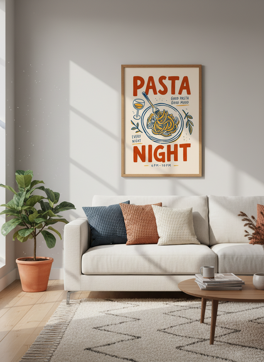 Pasta Night Kitchen Art | Retro Food Poster, Italian Restaurant Decor, Dining Nook