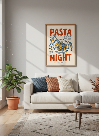 Pasta Night Kitchen Art | Retro Food Poster, Italian Restaurant Decor, Dining Nook