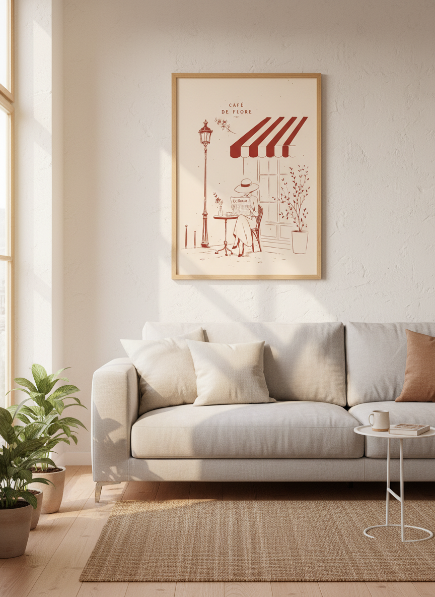 Paris Cafe Wall Art | French Woman Reading Poster | Mid-Century Modern Decor