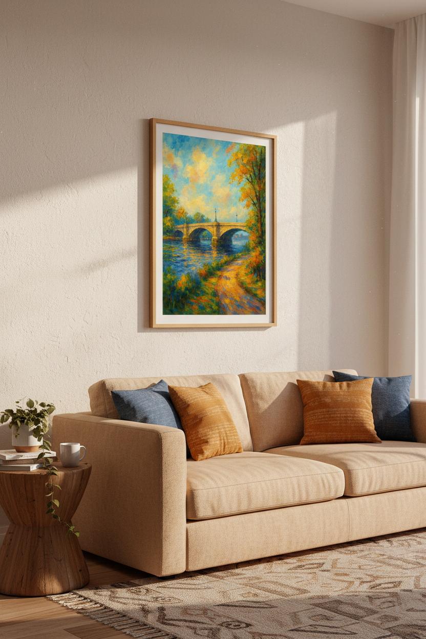 Impressionist Bridge Wall Art Print | Vibrant River Landscape Poster | Gold &amp; Blue Home Decor | Autumn Lake Painting