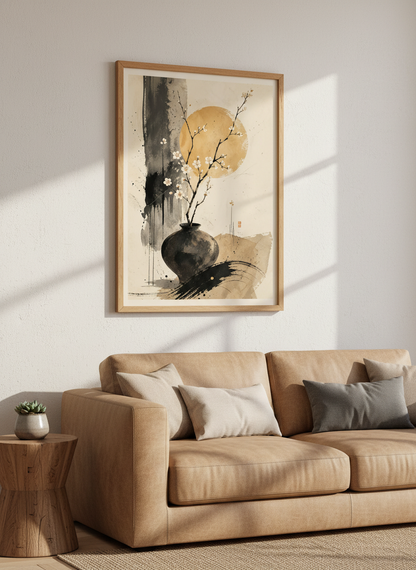 Zen Cherry Blossom Art | Japanese Style, Abstract Moon Poster | Minimalist Decor