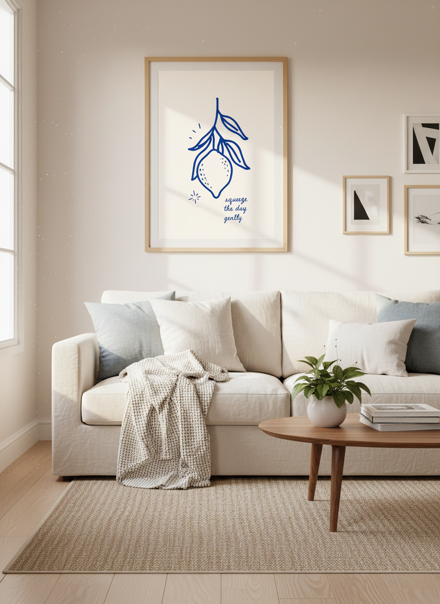 Lemon Line Art Print | Squeeze the Day Gently Wall Decor | Kitchen Quote Poster