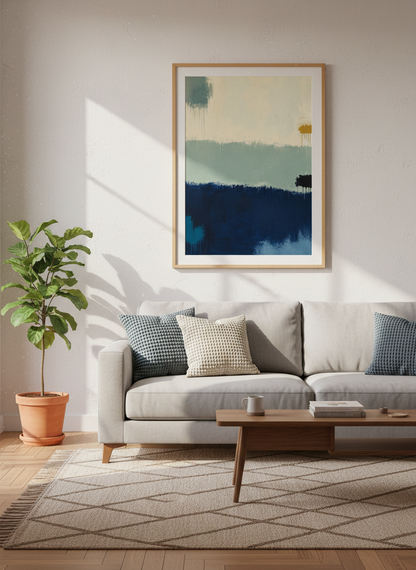 Abstract Coastal Framed Wall Art | Blue Green Ocean Shoreline Painting | Modern Living Room Decor | Minimalist Landscape Poster