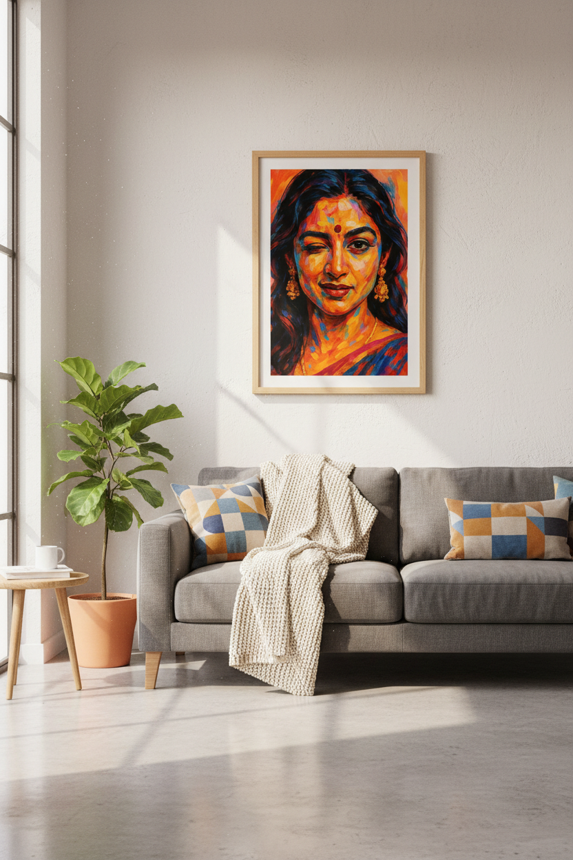 Abstract Woman Portrait Wall Art Print | Vibrant Living Room Decor | Eclectic Boho Chic Poster | South Asian Art