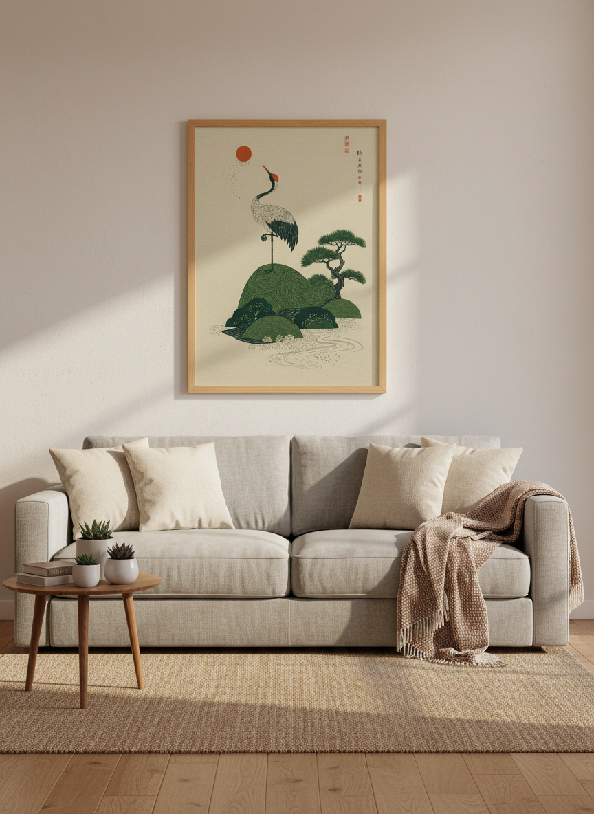 Zen Crane Ukiyo-e Print | Japanese Art Decor, Minimalist Living Room Art