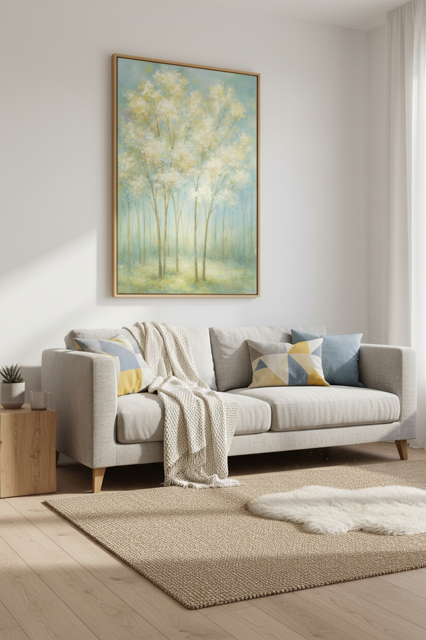 Impressionist Forest Wall Art Print | Bedroom Decor | Pastel Blue Living Room Poster | Misty Woods Landscape Canvas Art