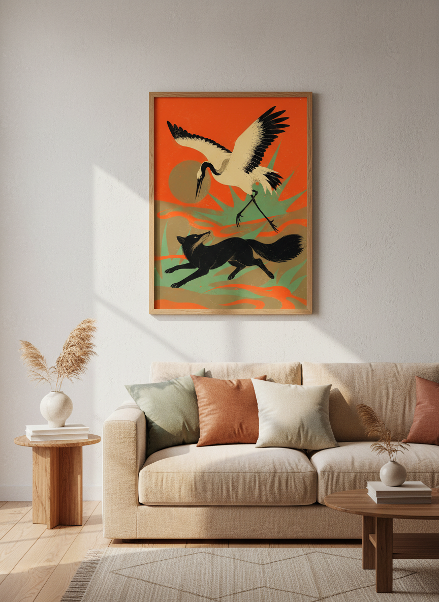 Ukiyo-e Style Crane Fox Wall Art Print | Japanese Aesthetic Framed Poster | Folk Art Living Room Decor