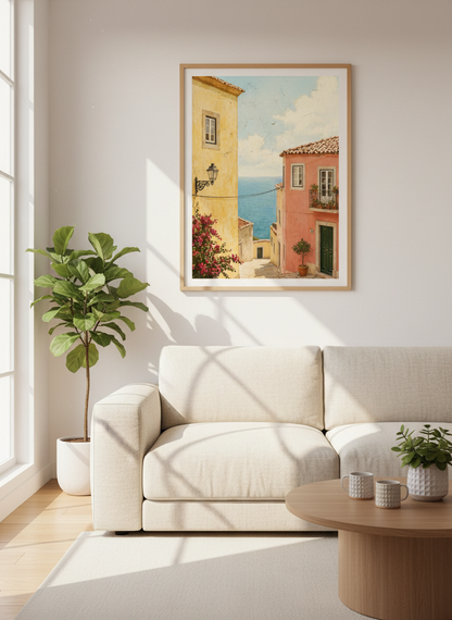 Mediterranean Alley Ocean View | Coastal House Decor, European Summer Wall Art