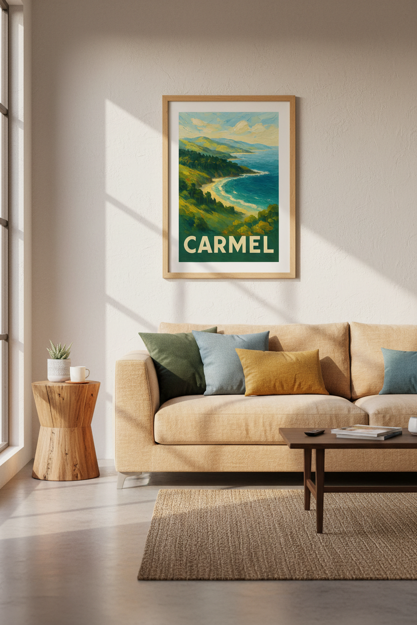 Carmel California Coastal Wall Art Print | Ocean Landscape Travel Poster | Vintage Oil Painting Style Room Decor