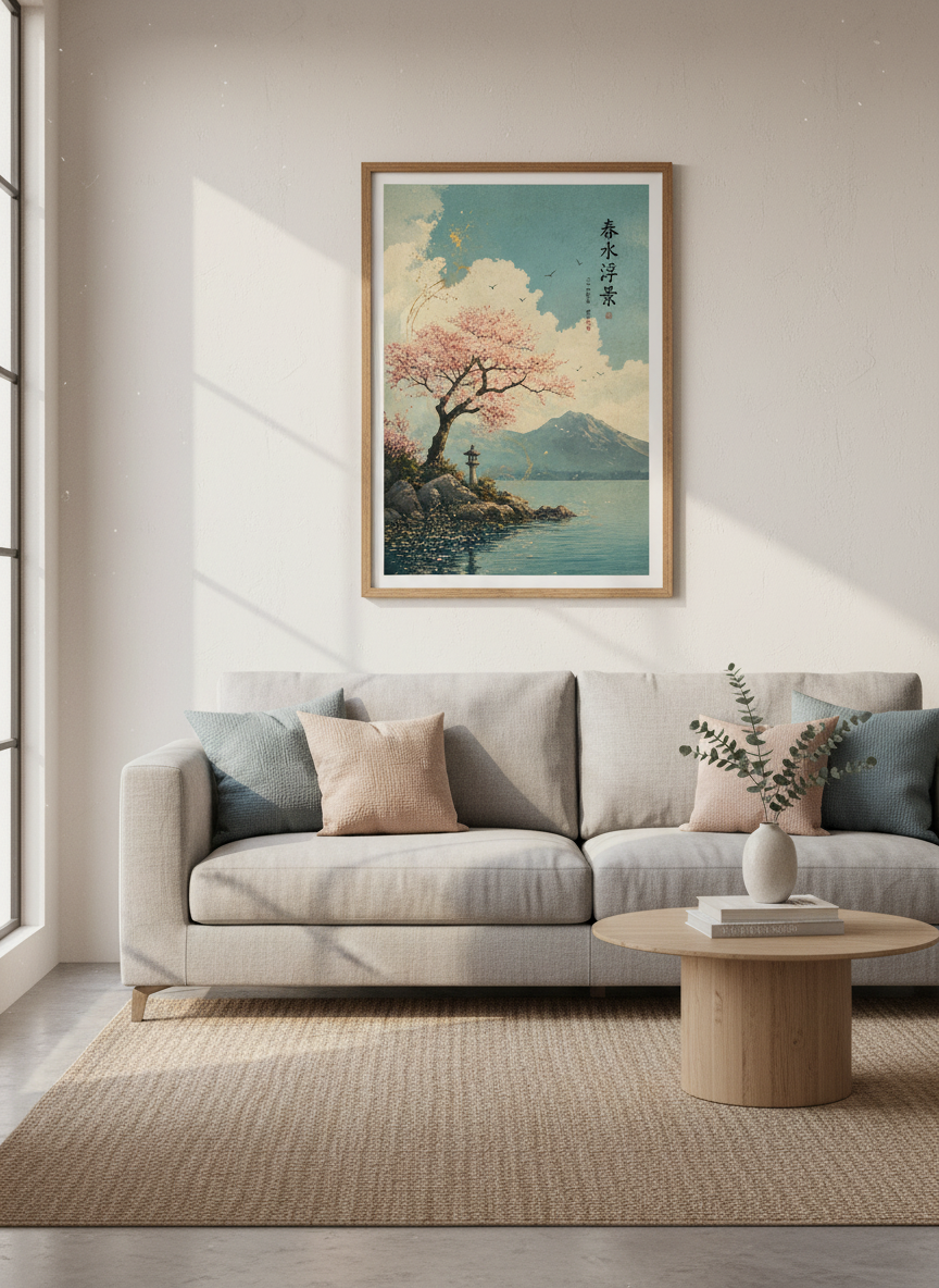 Japanese Cherry Blossom Lake Wall Art, Asian Landscape Print, Zen Decor, Pink Floral Art