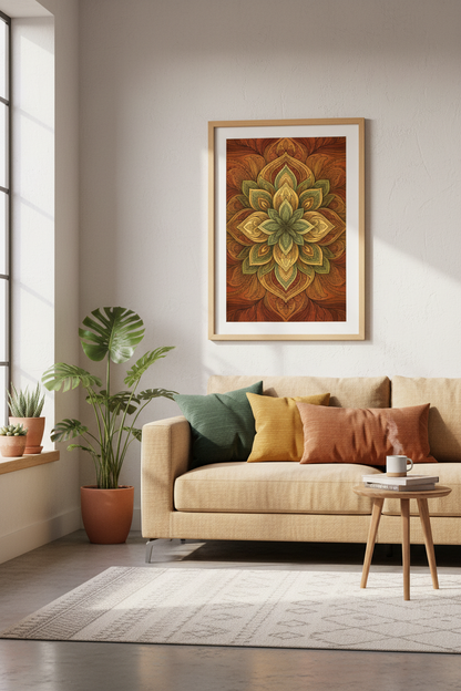 Mandala Boho Wall Art Print | Living Room Decor | Earthy Aesthetic Poster | Yoga Studio Art | Botanical Abstract Modern Decor