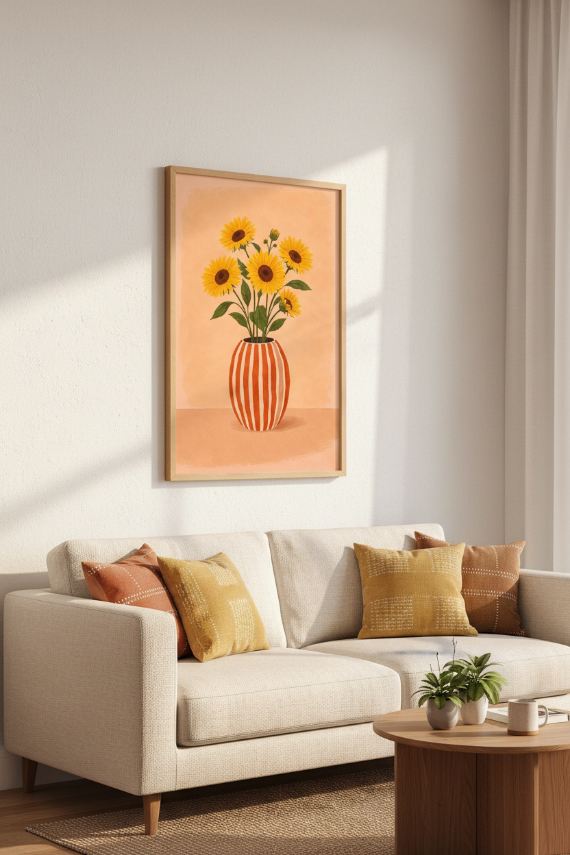 Boho Sunflower Vase Framed Wall Art Print | Farmhouse Living Room Decor | Cottagecore Floral Poster