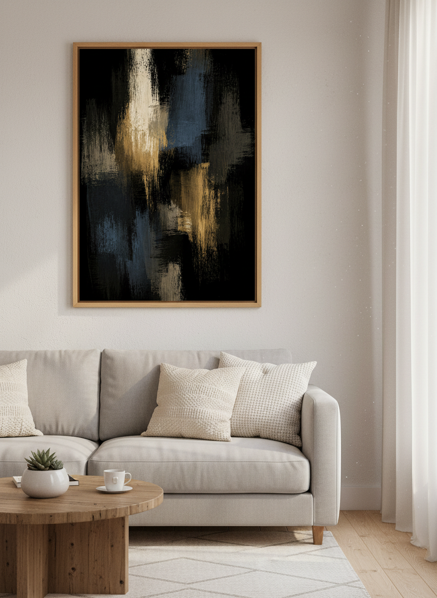 Abstract Impressionist Wall Art Print | Dark Moody Living Room Decor | Gold Blue Black Aesthetic Framed Poster