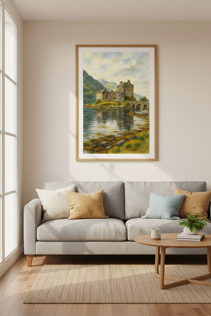 Watercolor Castle Wall Art Print | Scottish Landscape Wall Decor | Rustic Medieval Aesthetic Poster | Digital Print, Framed, Unframed