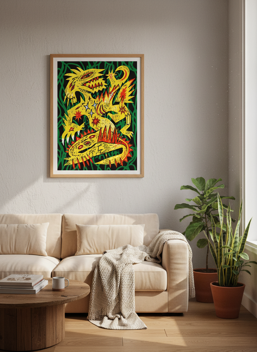 Abstract Dragon Art Print | Maximalist Kids Room Wall Decor | Funky Psychedelic Framed Poster | Monster Art for Eclectic Home