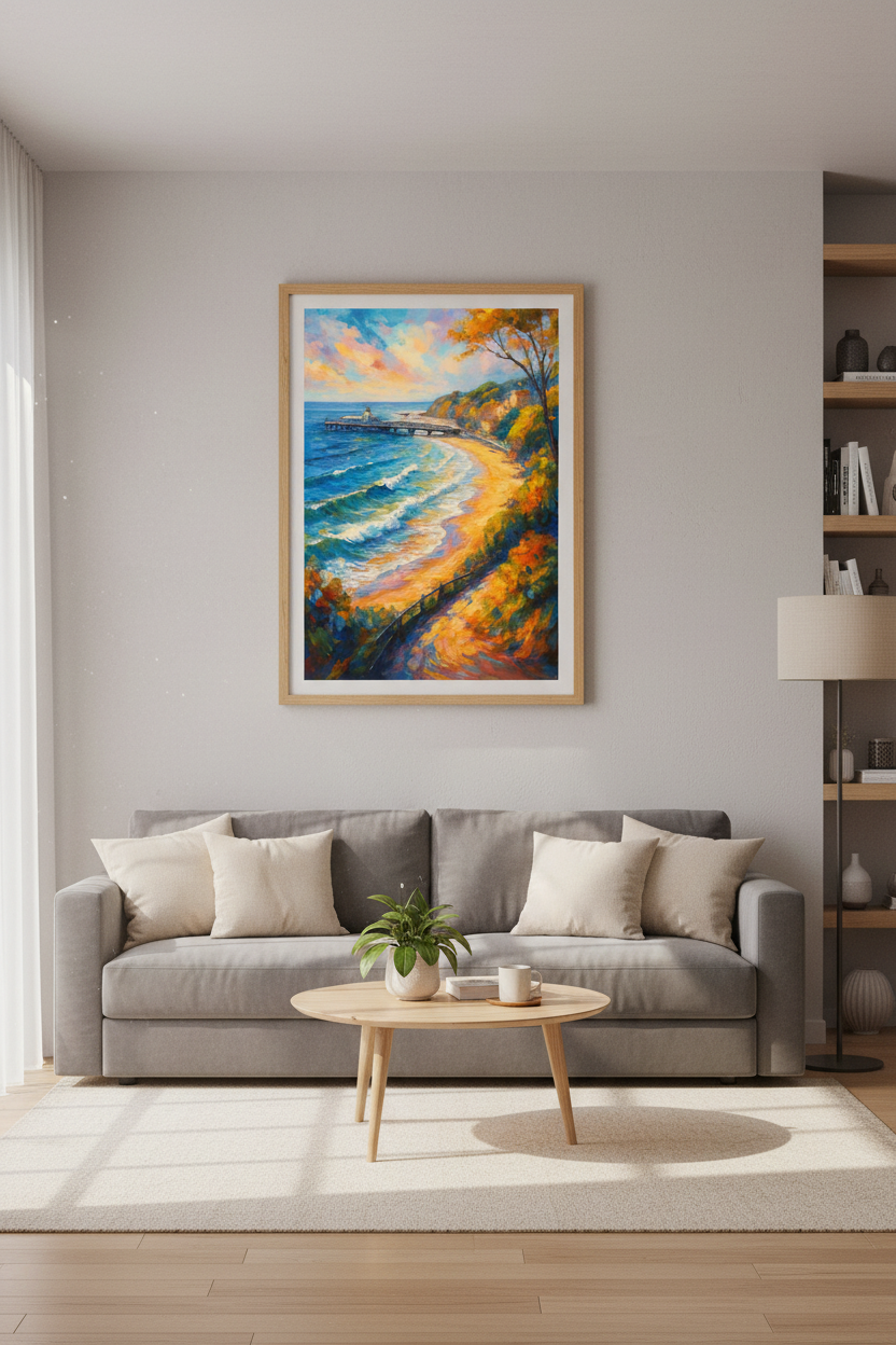 Impressionist Ocean Pier Wall Art Print | Coastal Living Room Decor | Vibrant Beach Aesthetic Poster