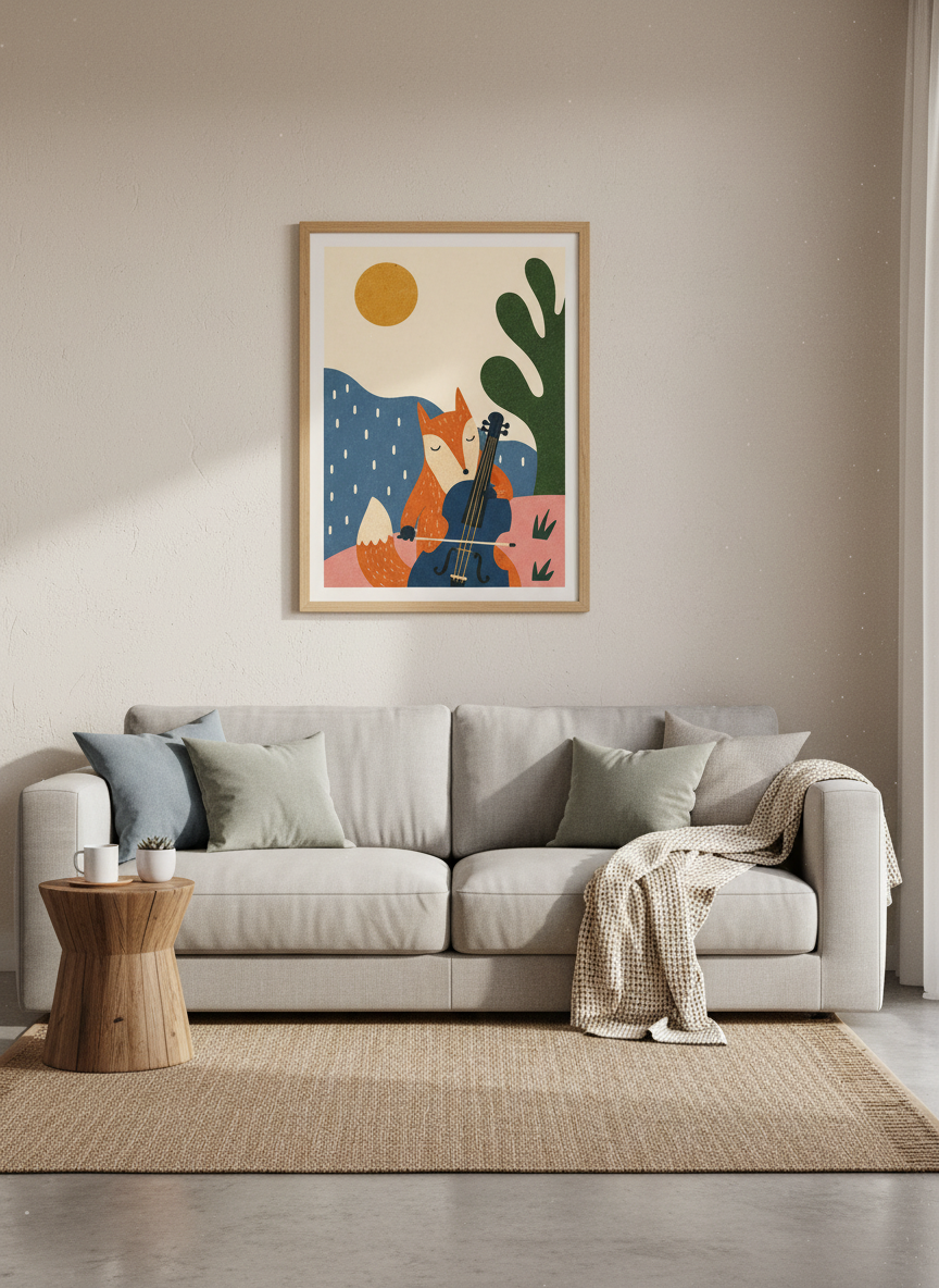 Fox Playing Cello Wall Art Print | Woodland Nursery Decor | Mid Century Modern Poster