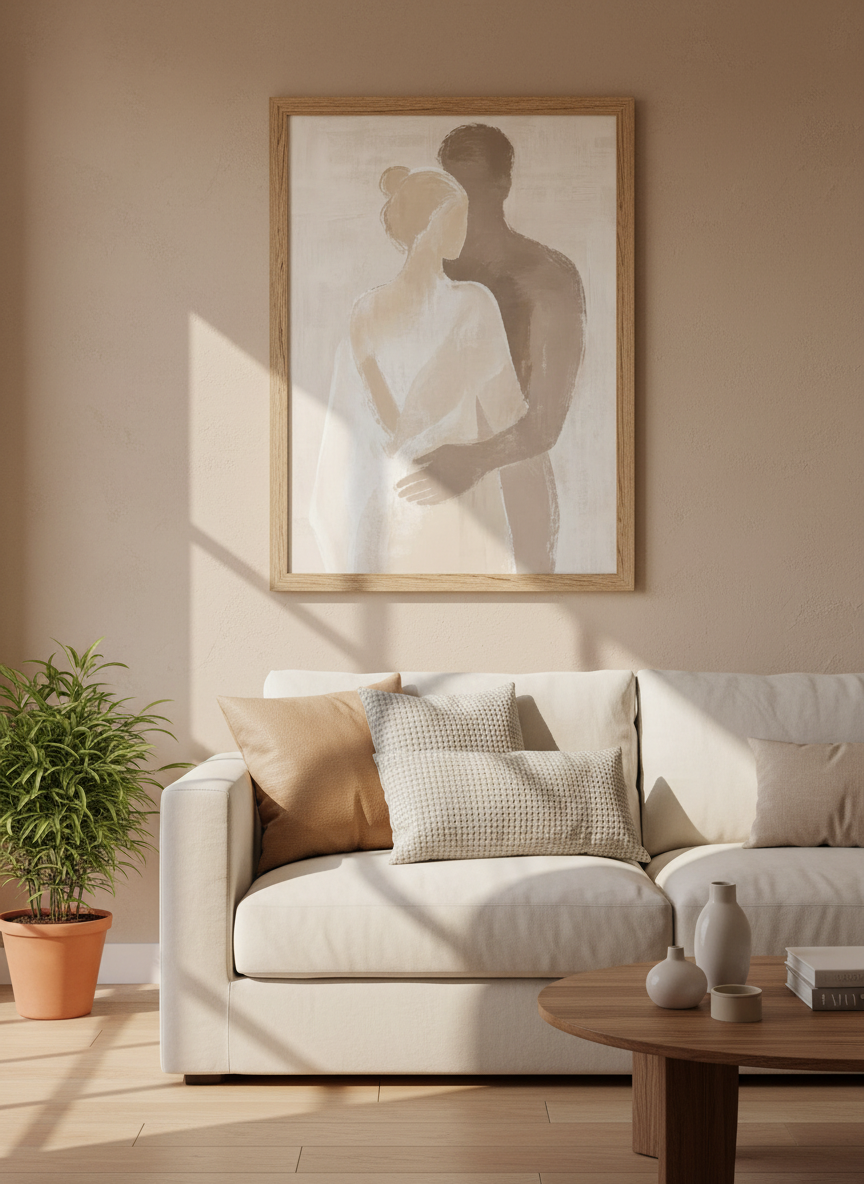 Abstract Embrace Framed Wall Art | Neutral Bedroom Decor | Minimalist Couple Poster Print | Ready to Hang Love Art