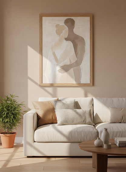 Abstract Embrace Framed Wall Art | Neutral Bedroom Decor | Minimalist Couple Poster Print | Ready to Hang Love Art