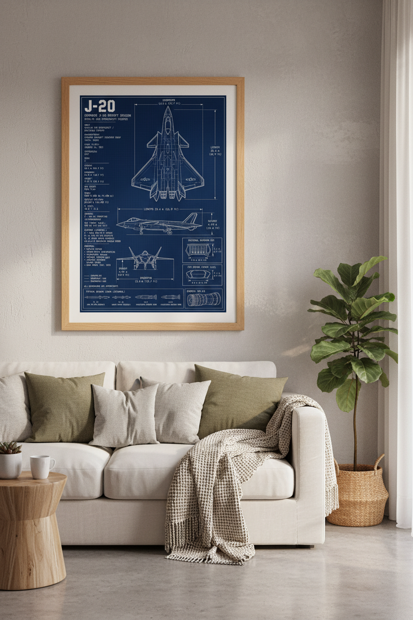 J-20 Mighty Dragon Blueprint Wall Art | Mancave Decor | Aviation Blue Poster