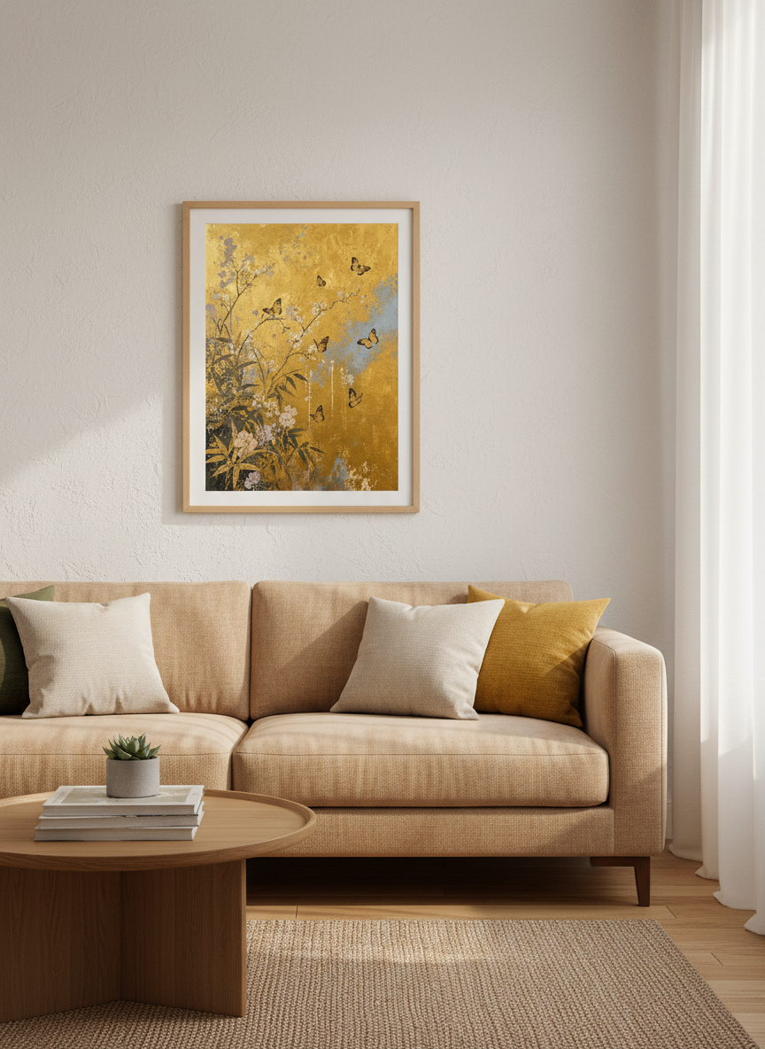 Chinoiserie Butterflies &amp; Flowers Art | Japanese Gold Wall Decor | Vintage Botanical