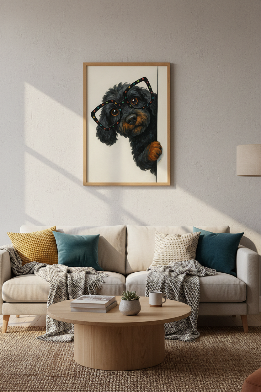 Nerd Dog Peeking Wall Art | Cute Black Doodle with Glasses Poster Print | Whimsical Pet Home Decor Gift | Animal Art Print