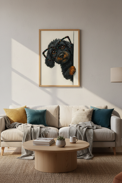 Nerd Dog Peeking Wall Art | Cute Black Doodle with Glasses Poster Print | Whimsical Pet Home Decor Gift | Animal Art Print
