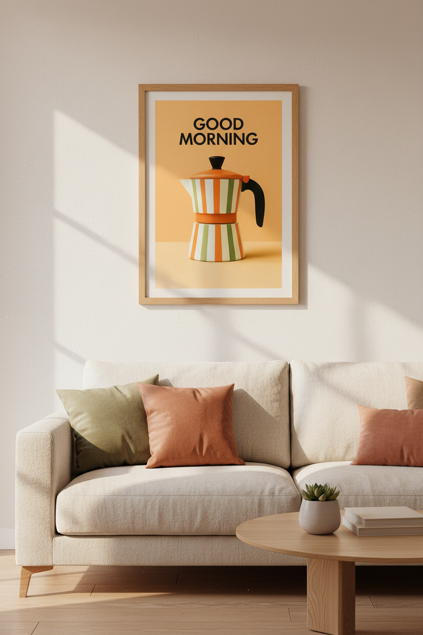Retro Moka Pot "Good Morning" Wall Art Print | Kitchen Decor | Mid Century Modern Poster | Coffee Lover Gift